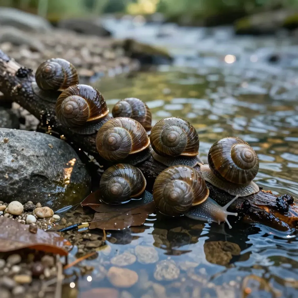 Caracoles de río sobre grava y hojas sumergidas en un arroyo gris tras la lluvia.