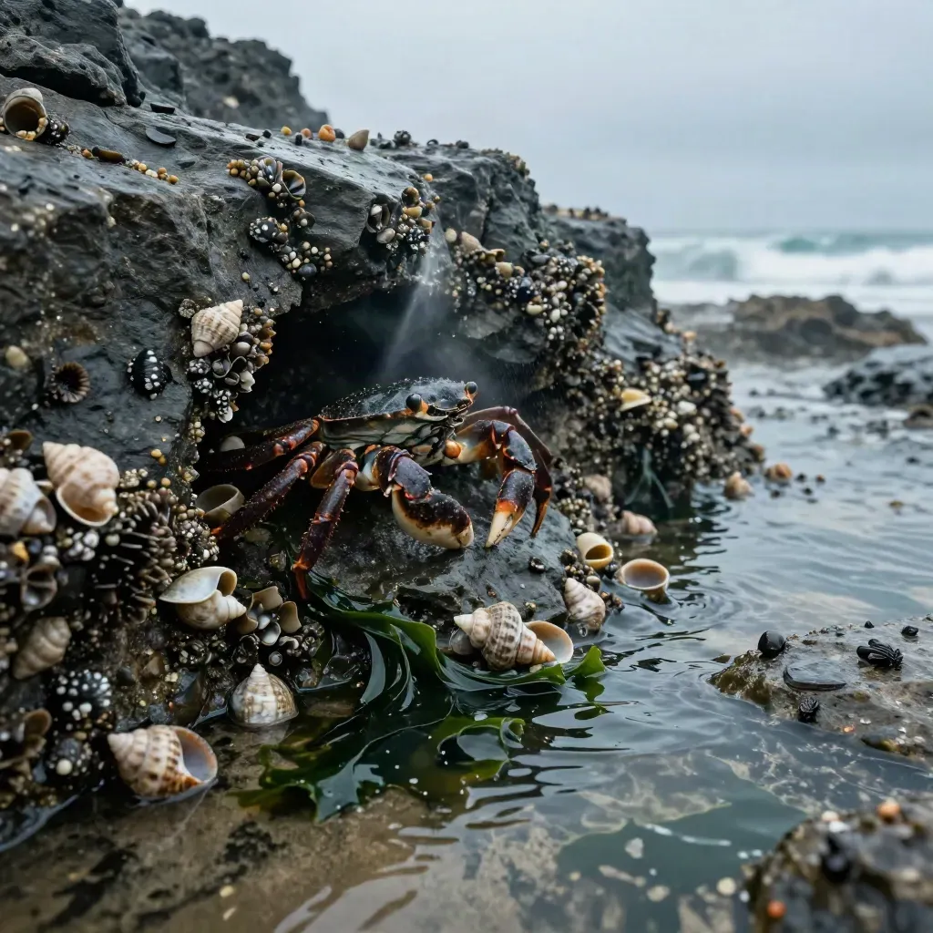Cangrejo de roca, lapas y caracolas en una poza atlántica húmeda al amanecer.