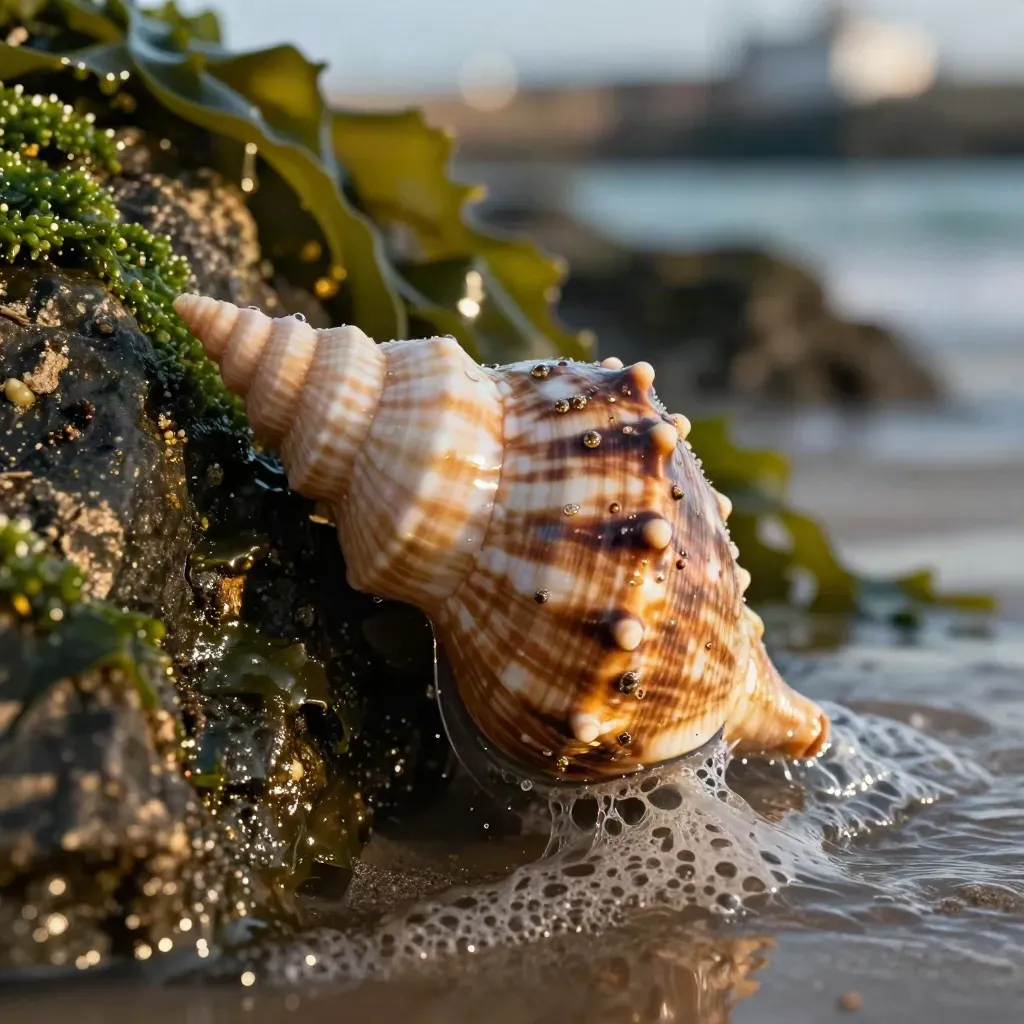 Caracol marino de alta espira pegado a una roca con algas y espuma al retirarse la ola.