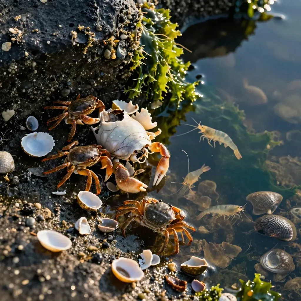 Cangrejos, cochinillas de mar y camarones en un charco de marea con algas y conchas rotas.