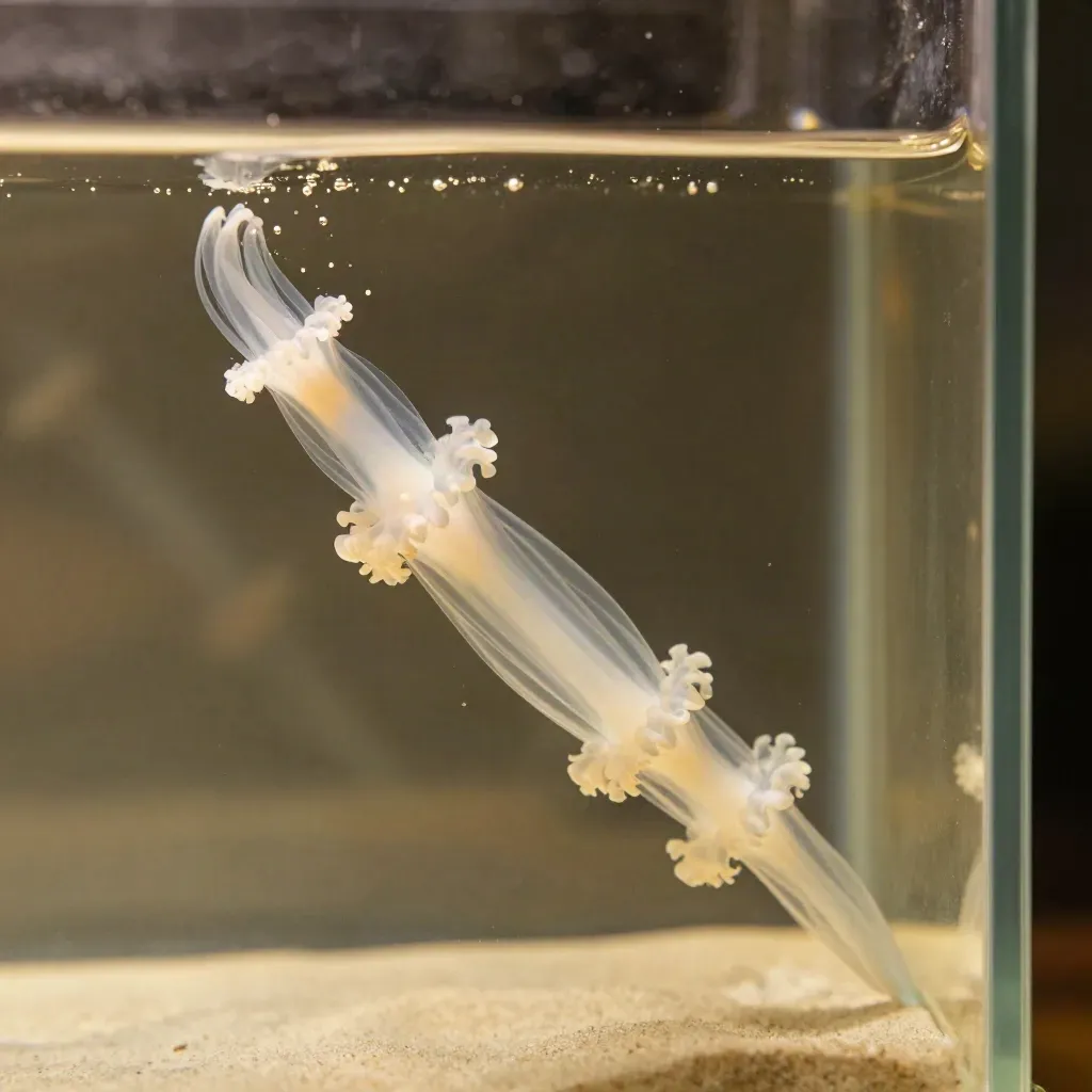 Hidras diminutas en el cristal del acuario, con tentáculos finos y microburbujas en diagonal.