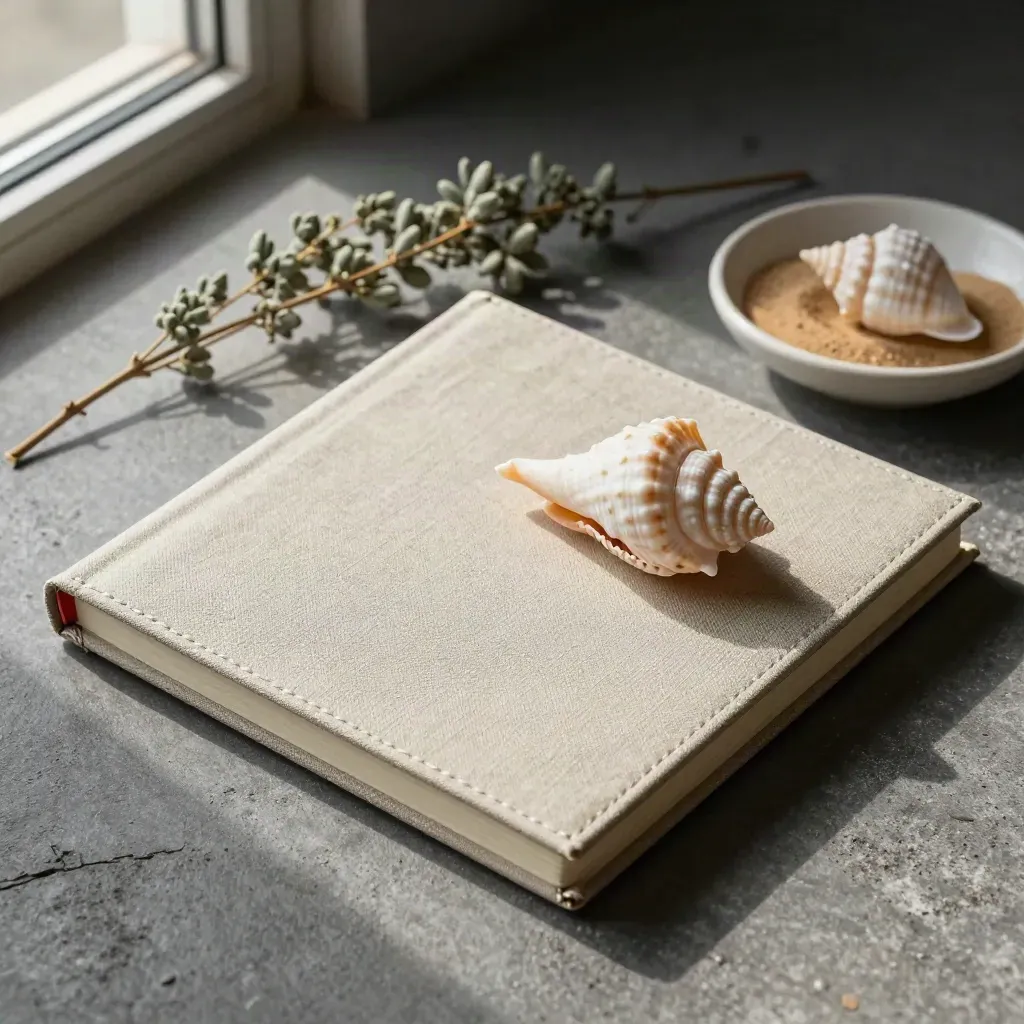 Cuaderno de lino, concha, salicornia seca y plato cerámico sobre piedra en vista cenital.