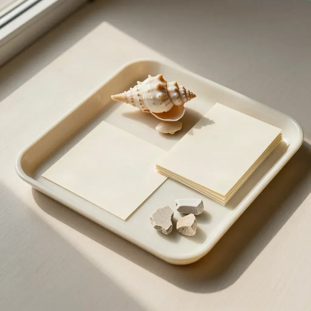 Bandeja escolar marfil con conchas, tarjetas dobladas y fragmentos de piedra sobre madera clara.
